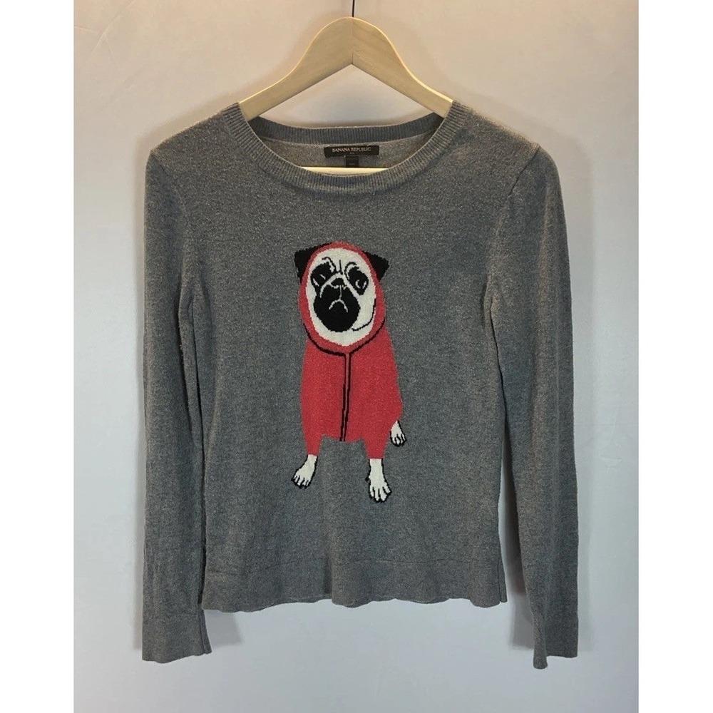 Banana Republic Pug novelty Gray Crew-Neck Sweater SZ XS Petite Cozy